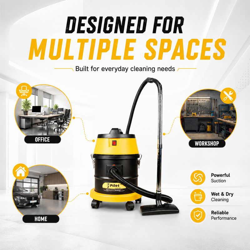 Pilot 25L Wet & Dry Vacuum Cleaner for Home & Commercial Use | 1200W Copper Motor | High Suction 2000mm H₂O | Compact & Portable |  High Strength Stainless Steel Body