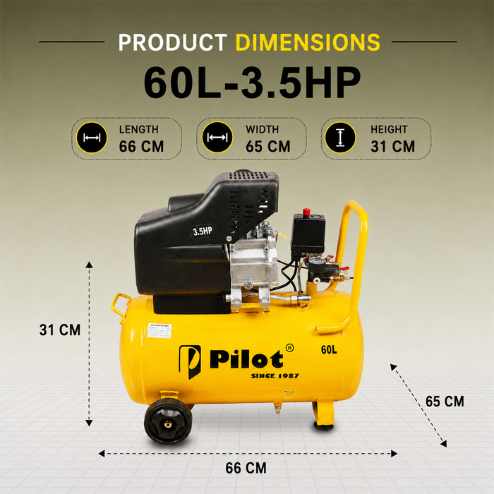 Pilot Tools Direct Driven Air Compressor 60L 3.5HP | 256 L/min Air Delivery | 8 Bar/115 PSI | 2850 RPM | Portable Air Compressor for Car Garage, Spray Painting, Pneumatic Tools & DIY Workshop