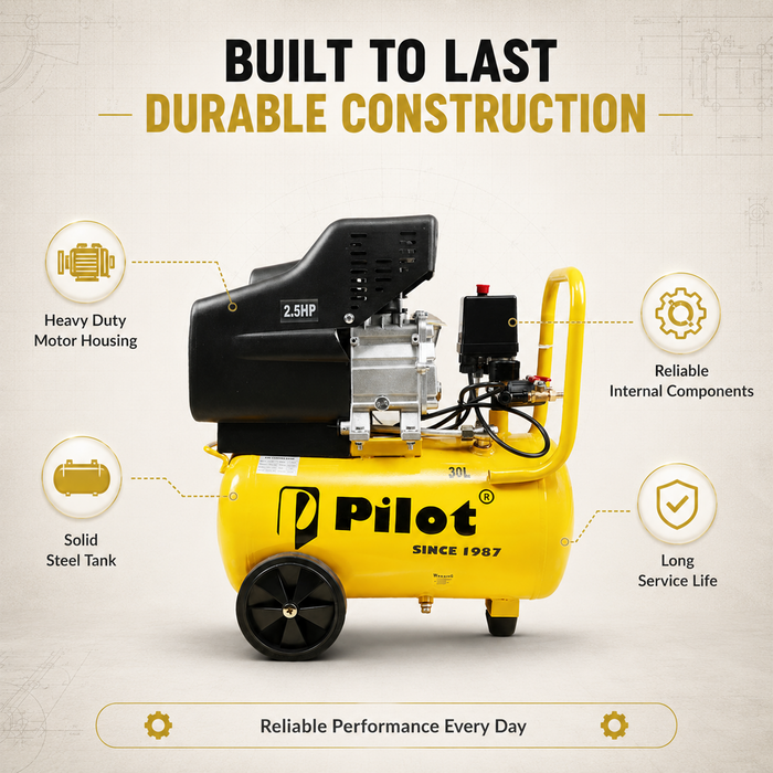 Pilot 2.5HP 30L Direct Driven Air Compressor for Tyre Inflation, Spray Painting, Car Washing & Workshop Use | 8 Bar Portable Air Compressor