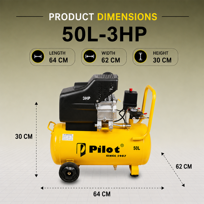 Pilot 3HP Direct Driven Air Compressor 50L Tank, 256L/min Air Displacement, 8 Bar/115 PSI, Heavy Duty Air Compressor for Automotive, Construction, Carpentry, Workshop & Industrial Use