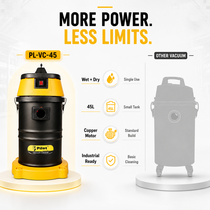 Pilot 45L Wet and Dry Vacuum Cleaner | 1500W Copper Motor (Single) | Stainless Steel Body | High Suction Heavy Duty Industrial Vacuum | Ideal for Home, Car, Garage & Workshop Use