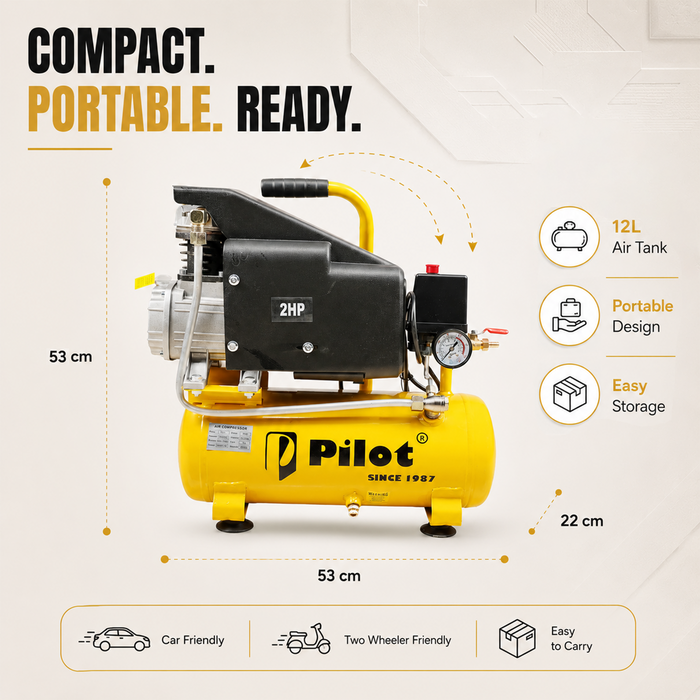 Pilot 2HP Direct Driven Air Compressor 12L, 256L/min, 8 Bar, 2850 RPM – Portable Air Compressor for Car Washing, Tyre Inflation, Spray Painting & Garage Use