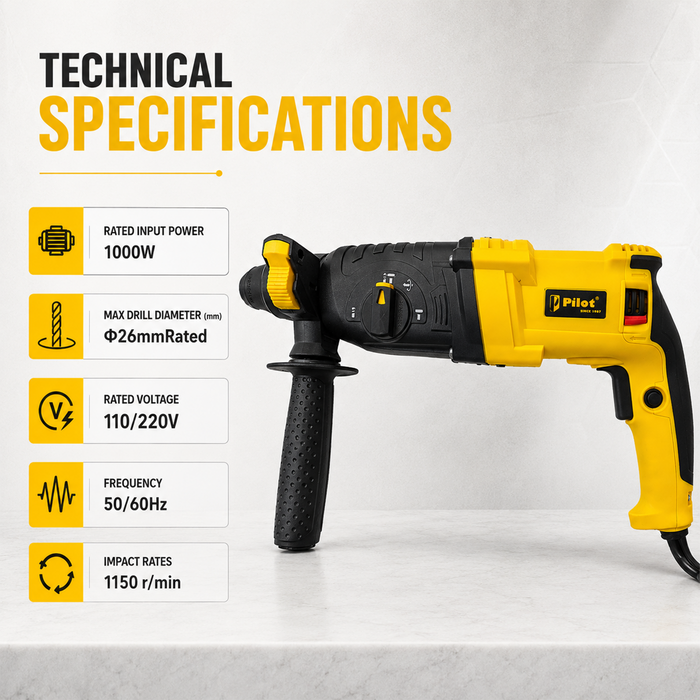 Pilot Rotary Hammer Drill 26MM 1000W | SDS Plus Hammer Drill Machine | Concrete, Brick, Stone & Masonry Drilling, Chiseling & Demolition Tool for Construction, Industrial & DIY Applications