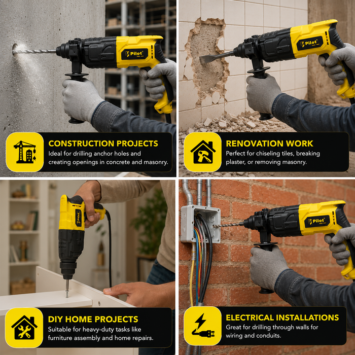 Pilot Rotary Hammer Drill 20MM 750W | SDS Plus Hammer Drill Machine | Concrete, Brick & Masonry Drilling, Chiseling & Demolition Tool for Construction & Renovation Work