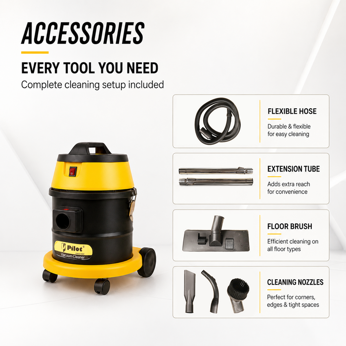 Pilot 25L Wet & Dry Vacuum Cleaner for Home & Commercial Use | 1200W Copper Motor | High Suction 2000mm H₂O | Compact & Portable |  High Strength Stainless Steel Body