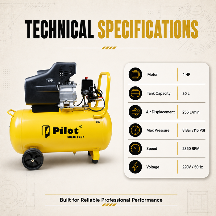 Pilot 4HP Direct Drive Air Compressor 80L, 256L/min Air Flow, 8 Bar/115 PSI, High Performance Compressor for Pneumatic Tools, Industrial & Workshop Applications