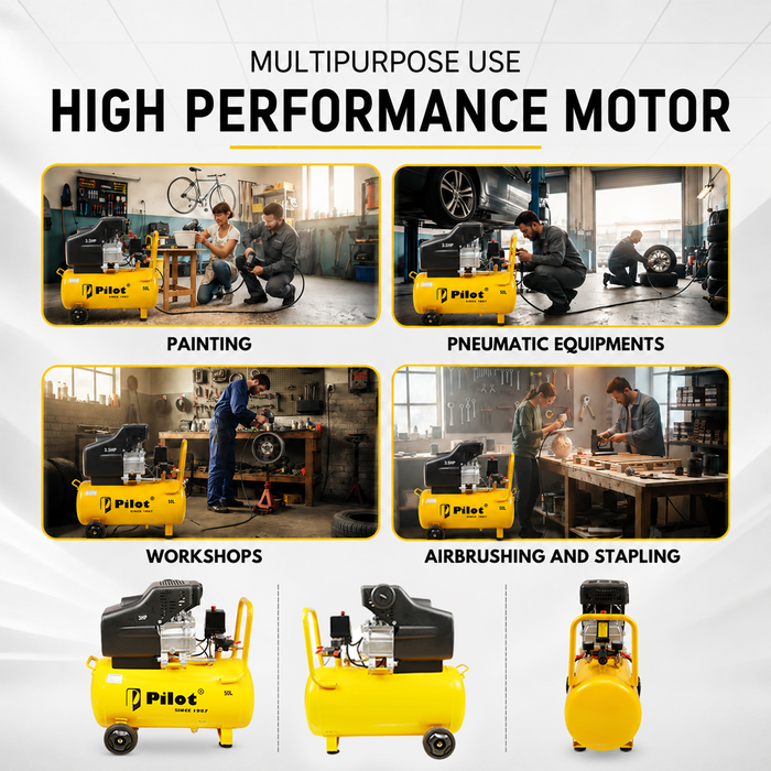 Pilot 3HP Direct Driven Air Compressor 50L Tank, 256L/min Air Displacement, 8 Bar/115 PSI, Heavy Duty Air Compressor for Automotive, Construction, Carpentry, Workshop & Industrial Use