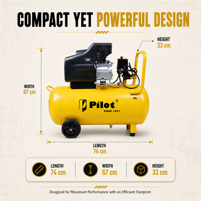 Pilot 4HP Direct Drive Air Compressor 80L, 256L/min Air Flow, 8 Bar/115 PSI, High Performance Compressor for Pneumatic Tools, Industrial & Workshop Applications