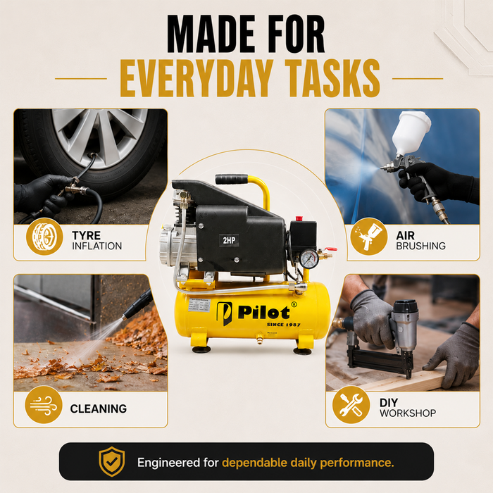 Pilot 2HP Direct Driven Air Compressor 12L, 256L/min, 8 Bar, 2850 RPM – Portable Air Compressor for Car Washing, Tyre Inflation, Spray Painting & Garage Use