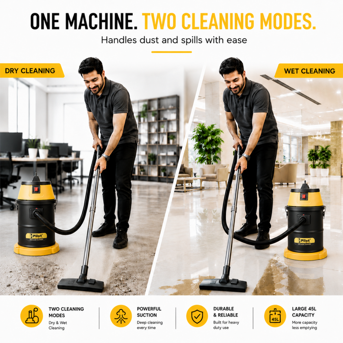 Pilot 45L Wet and Dry Vacuum Cleaner | 1500W Copper Motor (Single) | Stainless Steel Body | High Suction Heavy Duty Industrial Vacuum | Ideal for Home, Car, Garage & Workshop Use