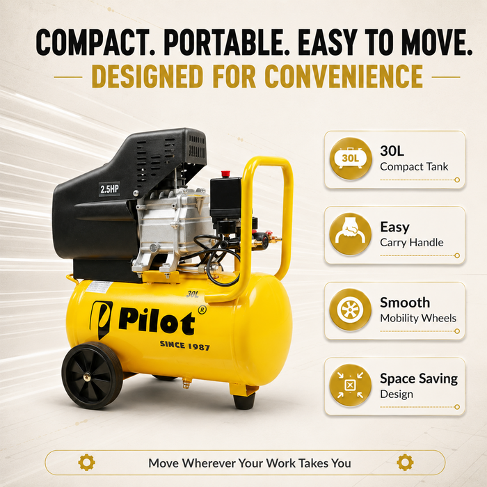 Pilot 2.5HP 30L Direct Driven Air Compressor for Tyre Inflation, Spray Painting, Car Washing & Workshop Use | 8 Bar Portable Air Compressor