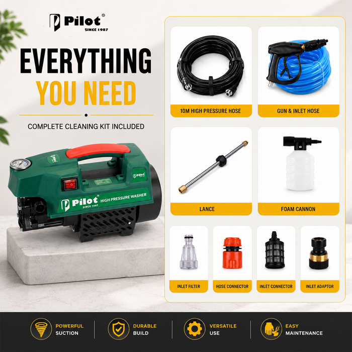 Pilot 2400W High Pressure Car Washer | 150 Bar 10L/min Water Flow | Portable Pressure Washer for Car, Bike, Home Cleaning, Patio & Garden Use | PL-PWC-02