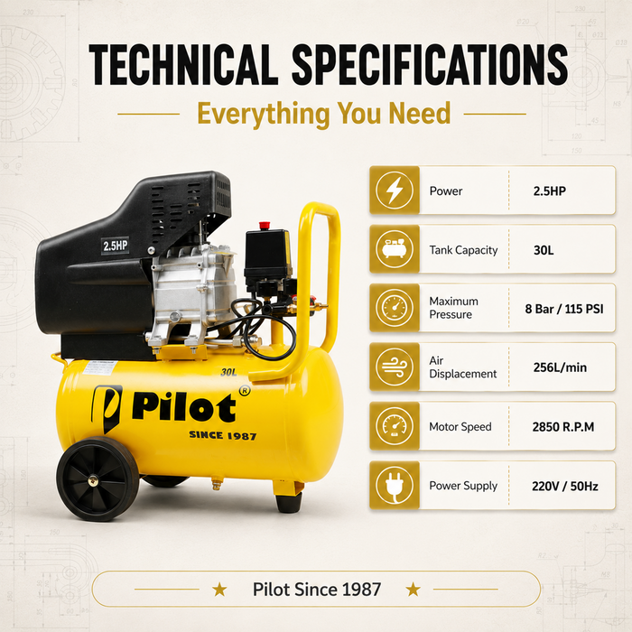Pilot 2.5HP 30L Direct Driven Air Compressor for Tyre Inflation, Spray Painting, Car Washing & Workshop Use | 8 Bar Portable Air Compressor