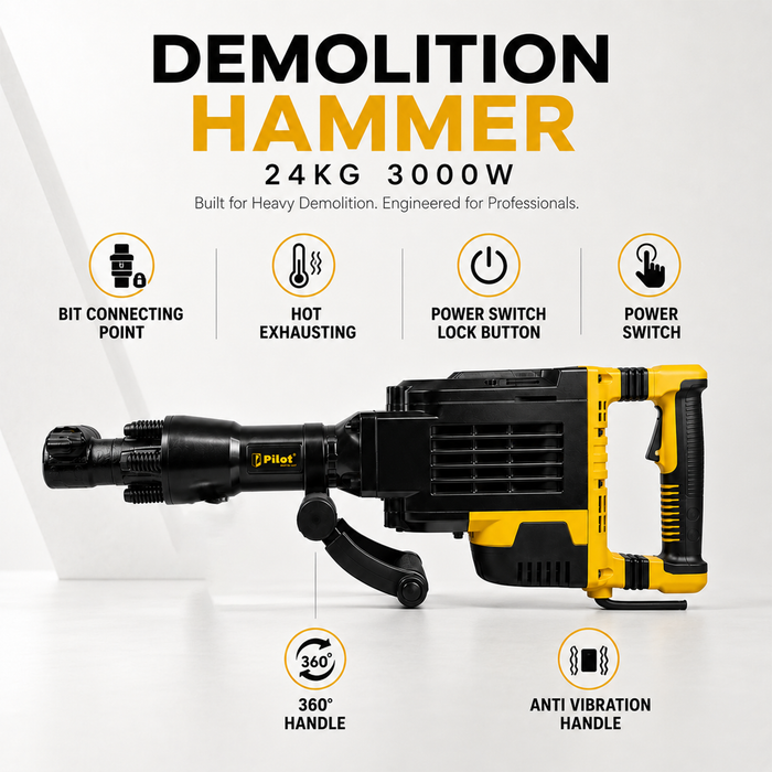 Pilot Demolition Hammer 24KG 3000W Electric Jack Hammer | 75J Impact Energy | 2200 BPM Heavy Duty Concrete Breaker with Comfort Grip Handle for RCC, Concrete, Roadwork, Construction & Industrial Demolition