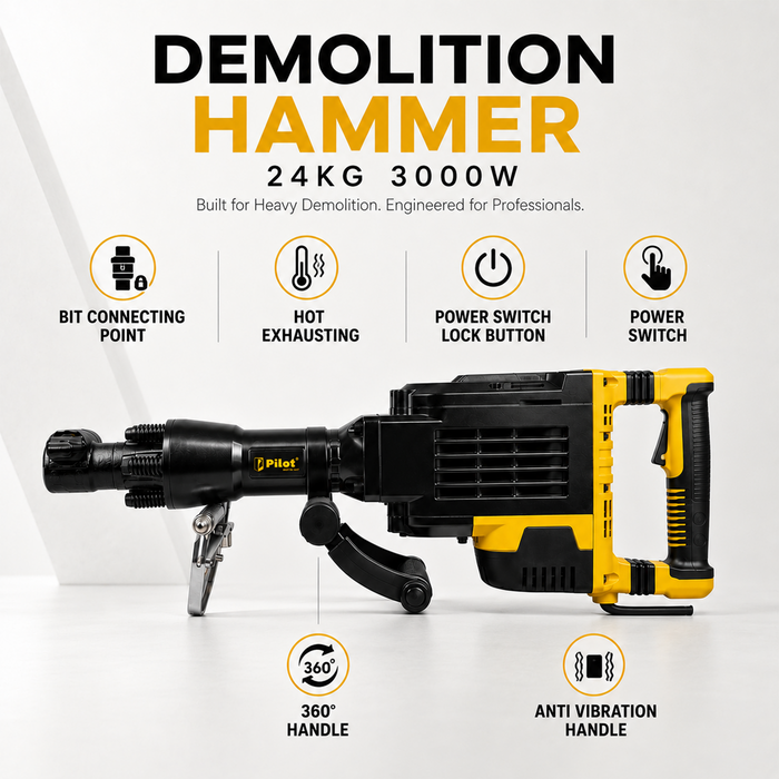 Pilot Demolition Hammer 24KG 3000W Electric Jack Hammer | 75J Impact Energy | 2200 BPM Heavy Duty Concrete Breaker with Comfort Grip Handle for RCC, Concrete, Roadwork, Construction & Industrial Demolition