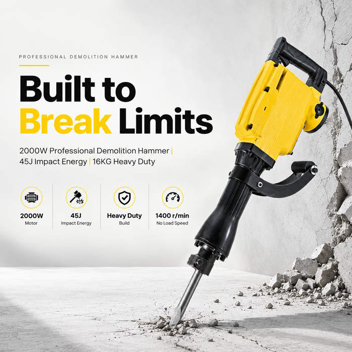Pilot Demolition Hammer 16KG 2000W Electric Jack Hammer | 45J Impact Energy | 1400 BPM Heavy Duty Concrete Breaker with Shock-Absorbing Handle for RCC, Concrete, Roadwork, Construction & Industrial Demolition