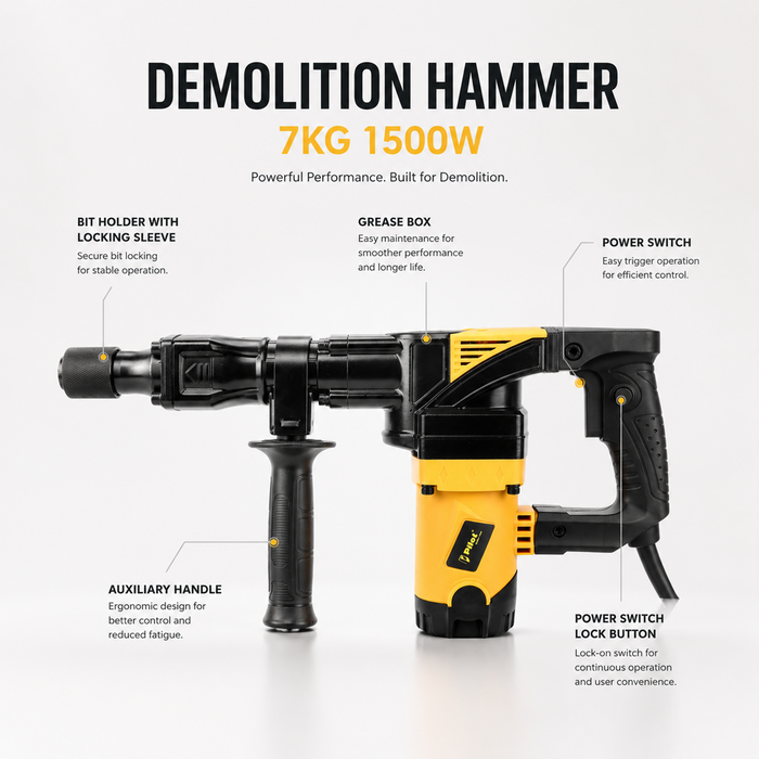 Pilot Demolition Hammer 7KG 1500W Electric Jack Hammer | 10J Impact Energy | 3000 BPM Heavy Duty Concrete Breaker with Anti-Vibration Handle | Demolition Tool for Concrete, Tile, Wall & Construction