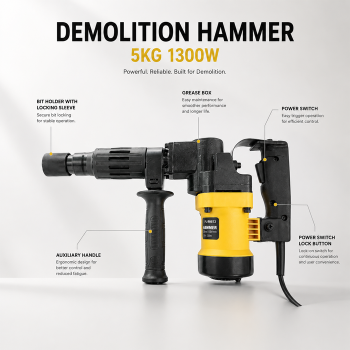 Pilot 1300W 5KG Demolition Hammer | 10J Heavy-Duty Electric Concrete Breaker Machine for Construction, Masonry & Renovation