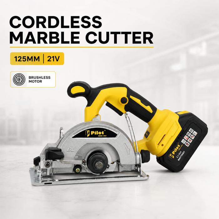 Pilot 21V Cordless Marble Cutter 125MM | Brushless Motor, 4.0Ah Battery, 5000 RPM, Heavy Duty Tile Granite Stone Cutting Machine