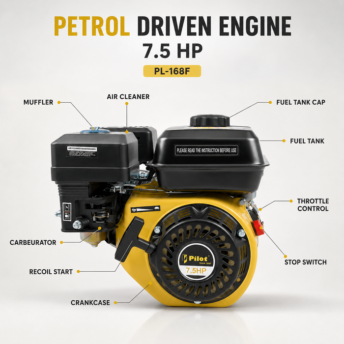 Pilot Petrol Driven Engine 7.5HP | 4-Stroke Petrol Engine | Compact & Powerful 163cc | Easy Recoil Start | Versatile Use for Water Pumps, Cultivators & Industrial Tools
