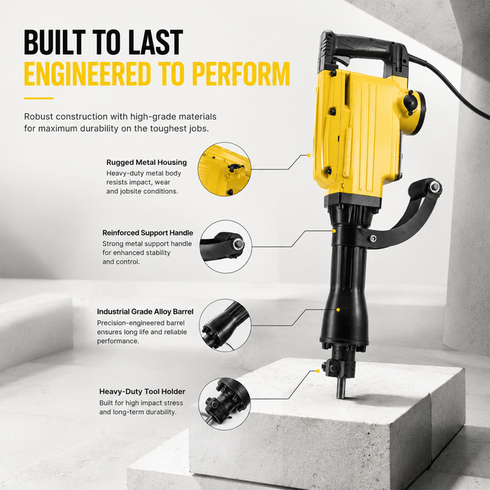 Pilot Demolition Hammer 16KG 2000W Electric Jack Hammer | 45J Impact Energy | 1400 BPM Heavy Duty Concrete Breaker with Shock-Absorbing Handle for RCC, Concrete, Roadwork, Construction & Industrial Demolition