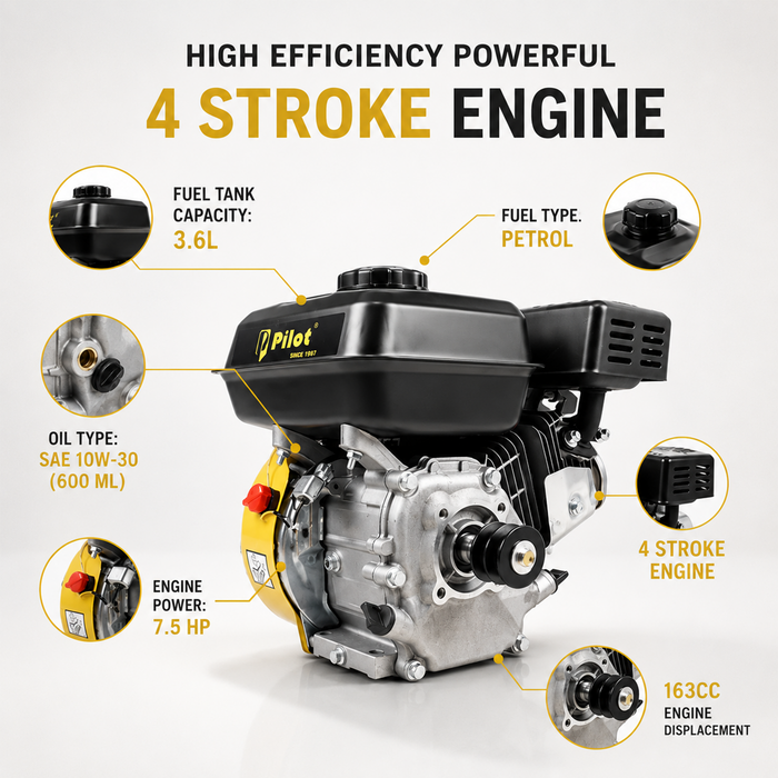 Pilot Petrol Driven Engine 7.5HP | 4-Stroke Petrol Engine | Compact & Powerful 163cc | Easy Recoil Start | Versatile Use for Water Pumps, Cultivators & Industrial Tools