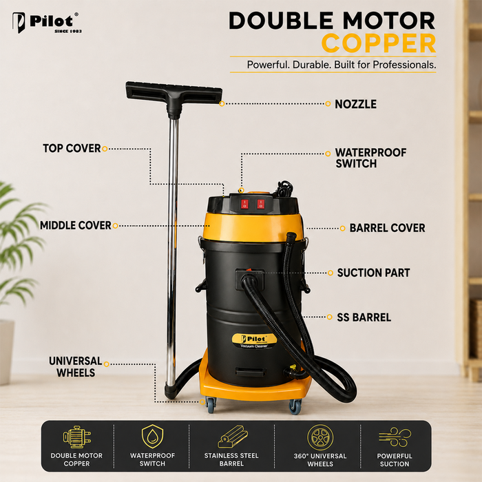 Pilot 70L Wet and Dry Vacuum Cleaner | 2400W Double Copper Motor | Stainless Steel Body | High Suction Heavy Duty Industrial Vacuum | For Home, Car, Garage & Commercial Use