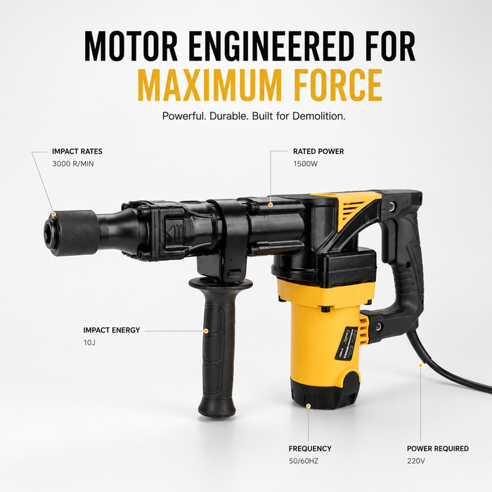 Pilot Demolition Hammer 7KG 1500W Electric Jack Hammer | 10J Impact Energy | 3000 BPM Heavy Duty Concrete Breaker with Anti-Vibration Handle | Demolition Tool for Concrete, Tile, Wall & Construction