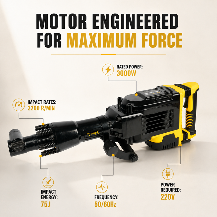Pilot Demolition Hammer 24KG 3000W Electric Jack Hammer | 75J Impact Energy | 2200 BPM Heavy Duty Concrete Breaker with Comfort Grip Handle for RCC, Concrete, Roadwork, Construction & Industrial Demolition