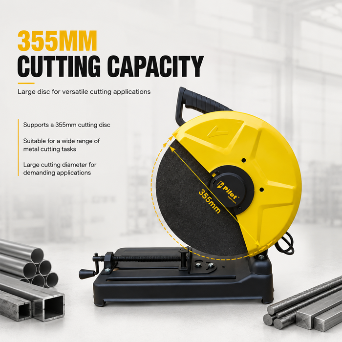 Pilot Cut Off Machine 2400W 355MM (14 Inch) | 3500 RPM Heavy Duty Metal Cutting Saw | Industrial Chop Saw for Steel Rods, Pipes, Iron & Fabrication Work