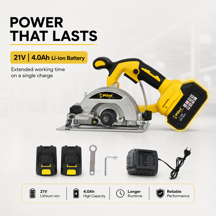 Pilot 21V Cordless Marble Cutter 125MM | Brushless Motor, 4.0Ah Battery, 5000 RPM, Heavy Duty Tile Granite Stone Cutting Machine