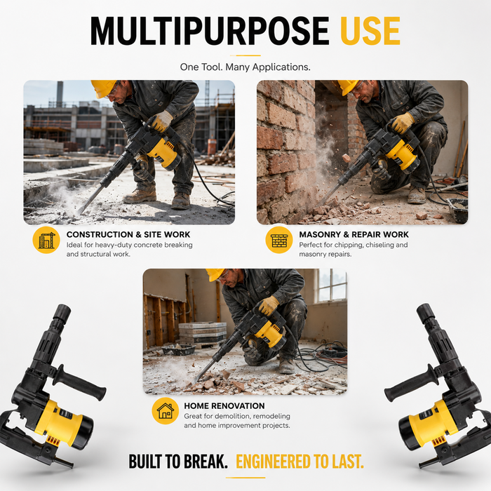 Pilot 1300W 5KG Demolition Hammer | 10J Heavy-Duty Electric Concrete Breaker Machine for Construction, Masonry & Renovation