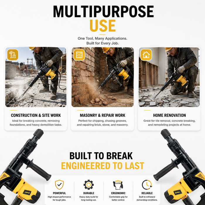 Pilot Demolition Hammer 7KG 1500W Electric Jack Hammer | 10J Impact Energy | 3000 BPM Heavy Duty Concrete Breaker with Anti-Vibration Handle | Demolition Tool for Concrete, Tile, Wall & Construction