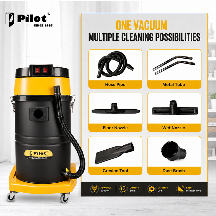 Pilot 70L Wet and Dry Vacuum Cleaner | 2400W Double Copper Motor | Stainless Steel Body | High Suction Heavy Duty Industrial Vacuum | For Home, Car, Garage & Commercial Use