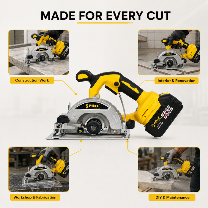 Pilot 21V Cordless Marble Cutter 125MM | Brushless Motor, 4.0Ah Battery, 5000 RPM, Heavy Duty Tile Granite Stone Cutting Machine