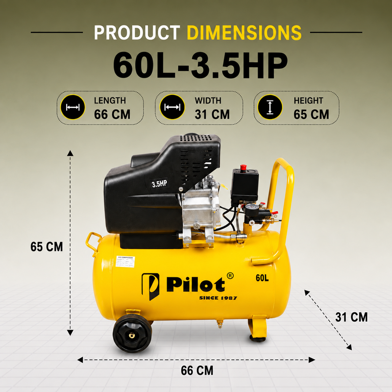Pilot Tools Direct Driven Air Compressor 60L 3.5HP | 256 L/min Air Delivery | 8 Bar/115 PSI | 2850 RPM | Portable Air Compressor for Car Garage, Spray Painting, Pneumatic Tools & DIY Workshop