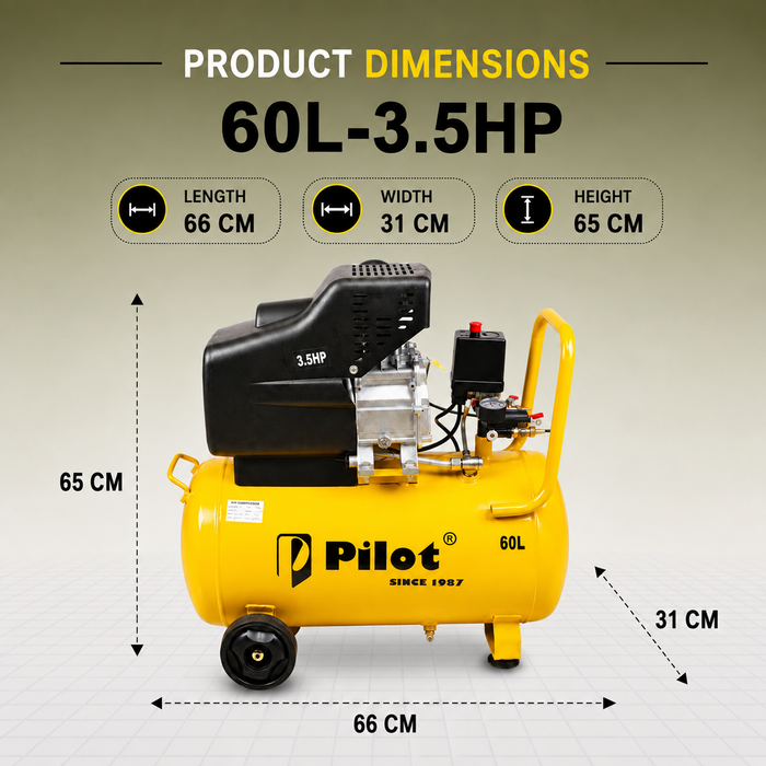 Pilot Tools Direct Driven Air Compressor 60L 3.5HP | 256 L/min Air Delivery | 8 Bar/115 PSI | 2850 RPM | Portable Air Compressor for Car Garage, Spray Painting, Pneumatic Tools & DIY Workshop