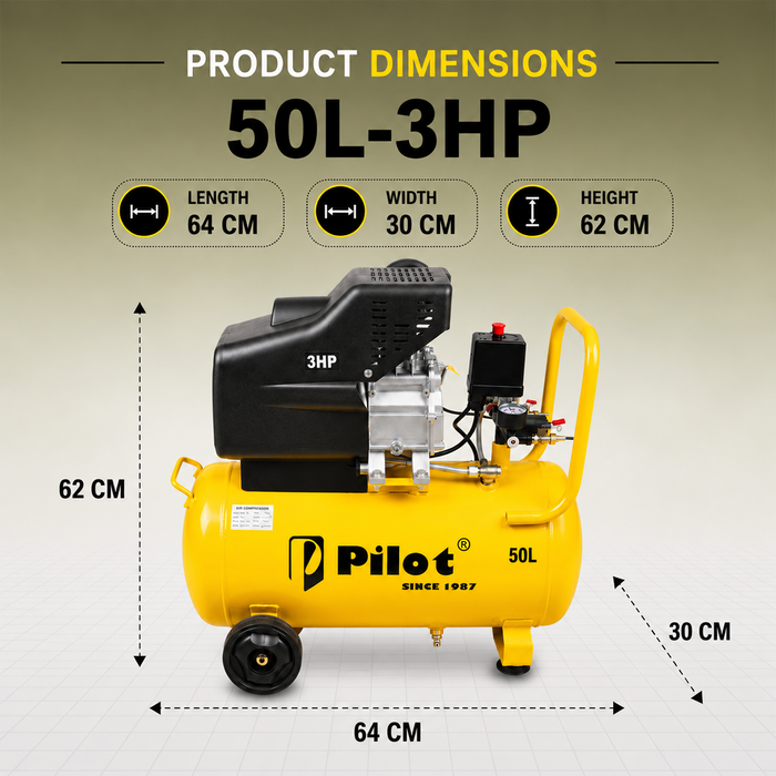Pilot 3HP Direct Driven Air Compressor 50L Tank, 256L/min Air Displacement, 8 Bar/115 PSI, Heavy Duty Air Compressor for Automotive, Construction, Carpentry, Workshop & Industrial Use