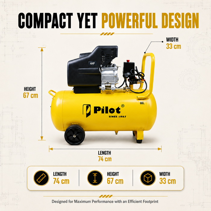 Pilot 4HP Direct Drive Air Compressor 80L, 256L/min Air Flow, 8 Bar/115 PSI, High Performance Compressor for Pneumatic Tools, Industrial & Workshop Applications