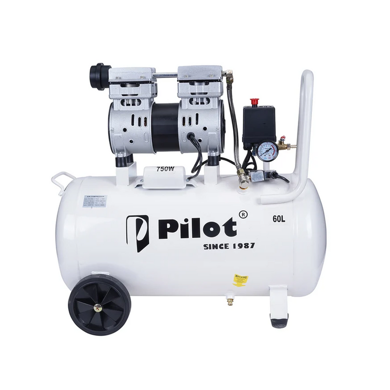 Pilot Oil-Free Silent Air Compressor 60L Tank, 750W Motor, 70L/min Air Flow, 8 Bar/115 PSI, Low Noise Air Compressor for Dental Clinics, Laboratories, Painting, Workshop & Home Use