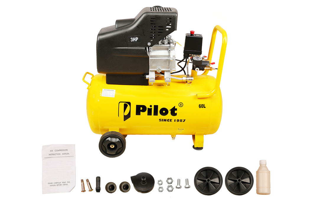 Pilot Tools Direct Driven Air Compressor 60L 3.5HP | 256 L/min Air Delivery | 8 Bar/115 PSI | 2850 RPM | Portable Air Compressor for Car Garage, Spray Painting, Pneumatic Tools & DIY Workshop