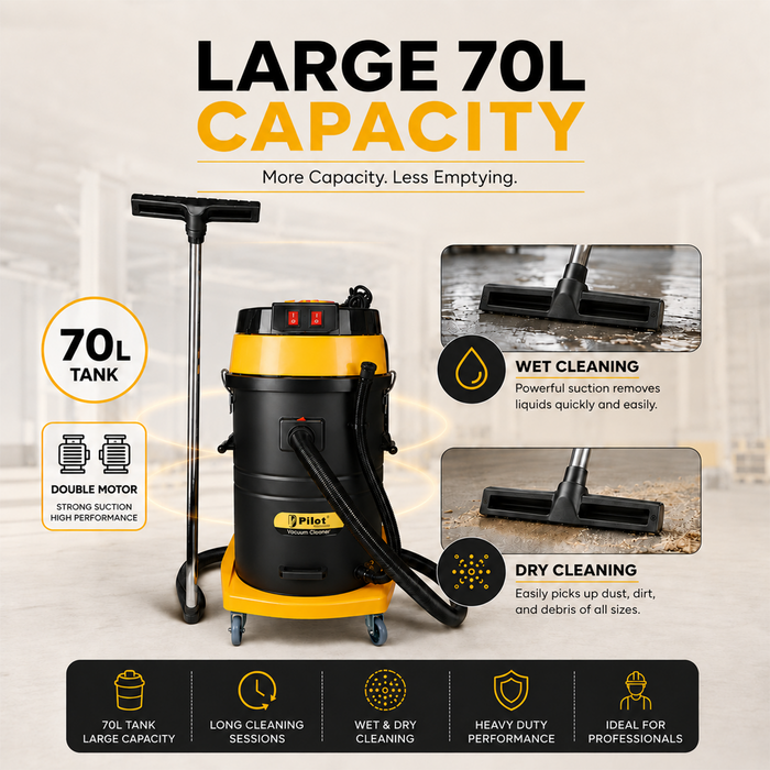 Pilot 70L Wet and Dry Vacuum Cleaner | 2400W Double Copper Motor | Stainless Steel Body | High Suction Heavy Duty Industrial Vacuum | For Home, Car, Garage & Commercial Use