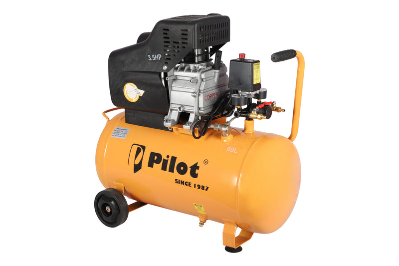 Pilot Tools 3.5HP Direct Driven Air Compressor with 60L Tank | Copper Motor | 256 L/min Air Displacement | 8 Bar (115 PSI) Max Pressure | 2850 RPM